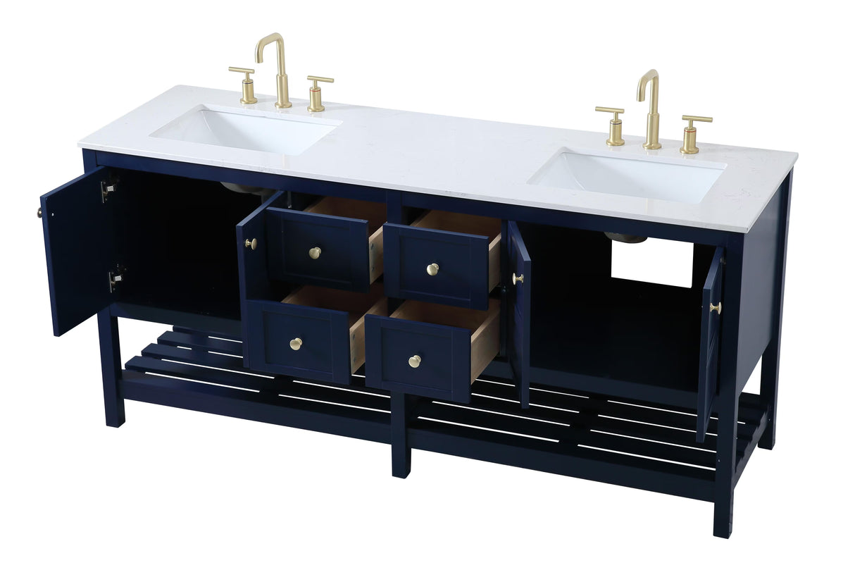 Theo 72 Inch Blue Double Sink Bathroom Vanity with Quartz Top