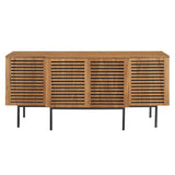 Slatted Wood Sideboard Storage Cabinet with Metal Legs – Walnut Finish 73 Inch