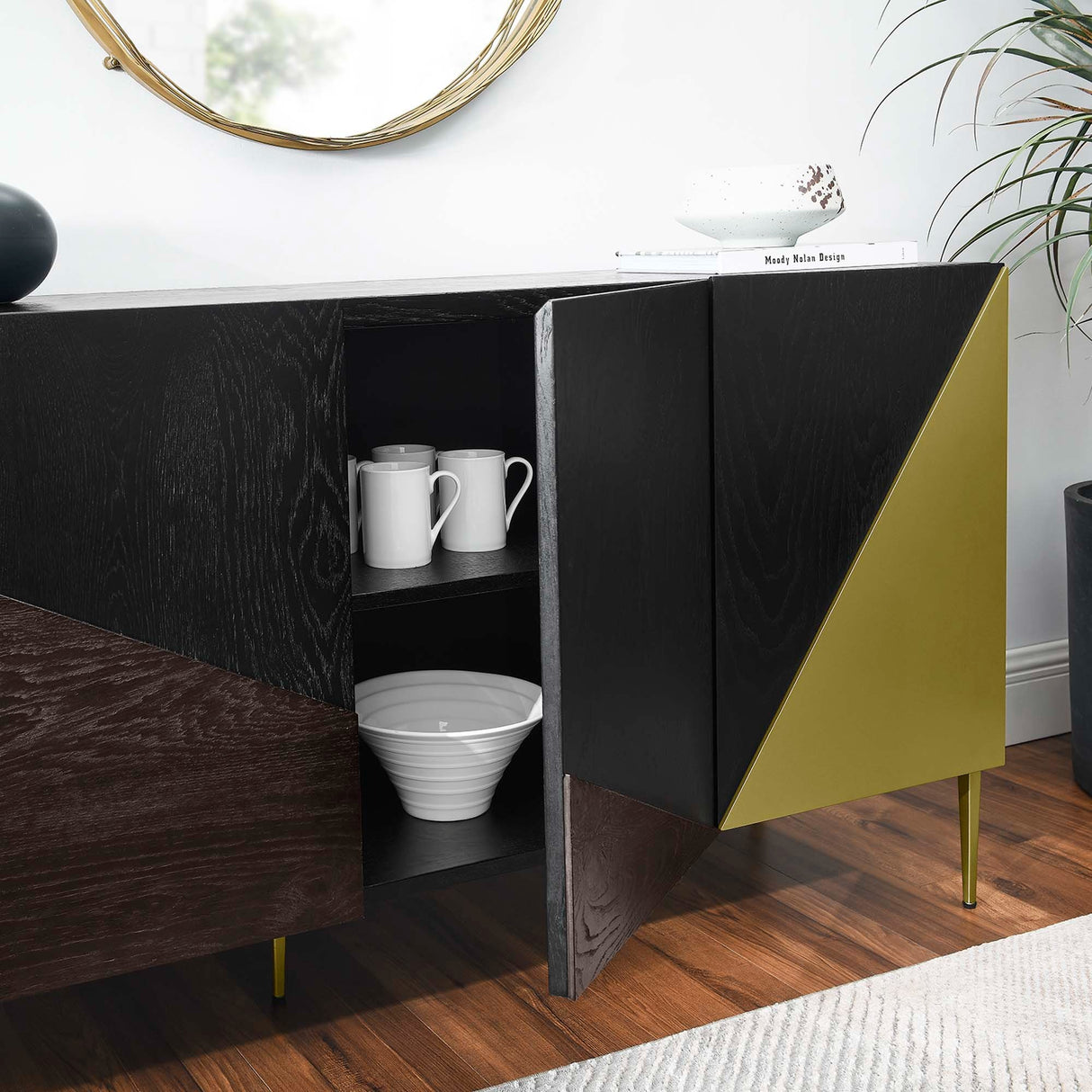 Geometric Wood Sideboard Storage Cabinet with Metal Legs – Oak Finish 68 Inch