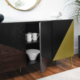 Geometric Wood Sideboard Storage Cabinet with Metal Legs – Oak Finish 68 Inch