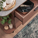 Open Display Sideboard Storage Cabinet with Drawers – Wood Grain Stone Top 63 Inch