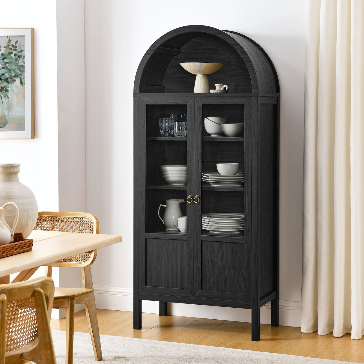Modern Wood Grain Arched Tall Storage Display Cabinet – 71 Inch