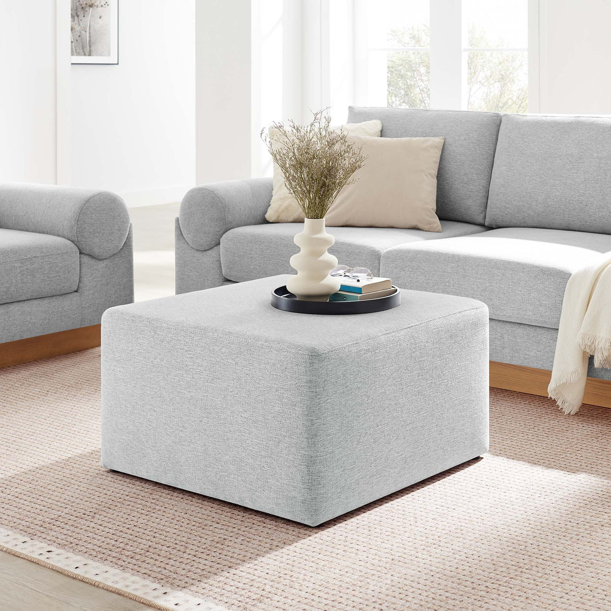 Square Woven Fabric Ottoman – Heathered Upholstered 28 Inch