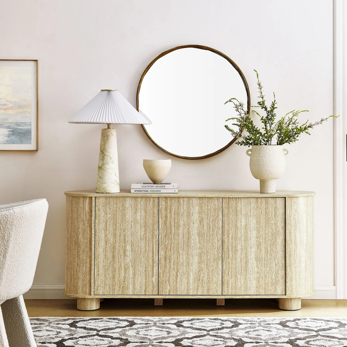 Oval Faux Travertine Sideboard Storage Cabinet – Beige Stone Finish 63 Inch
