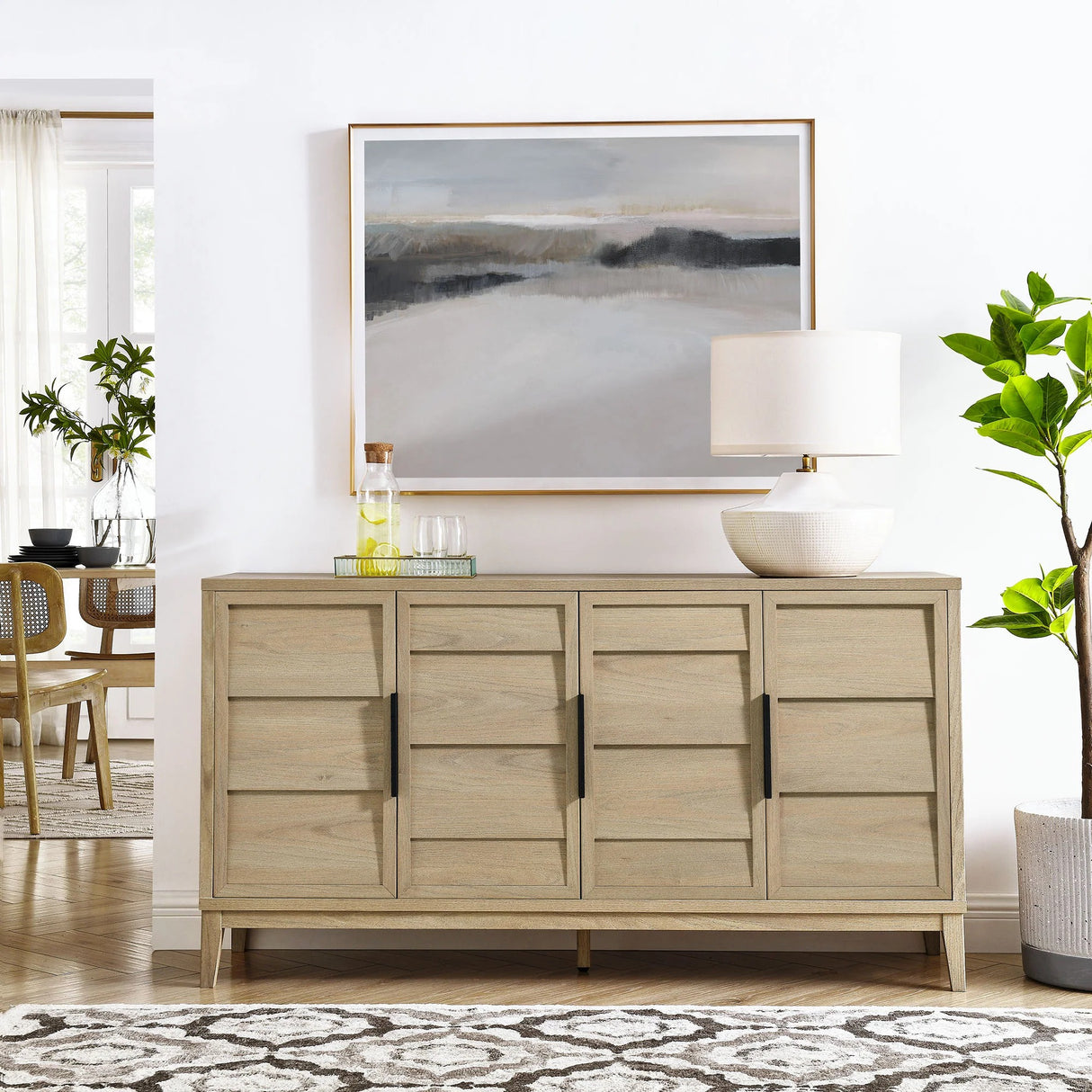 Modern Horizontal 4-Door Sideboard – Wood Grain 59 Inch