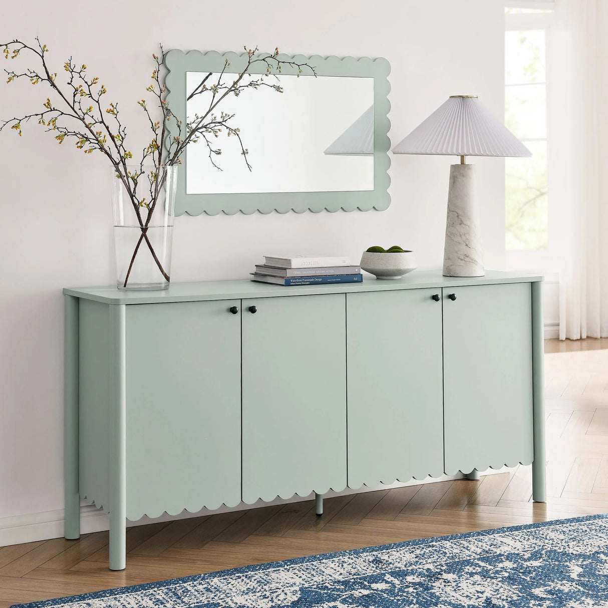 Modern Scalloped 4-Door Storage Sideboard – White 66 Inch