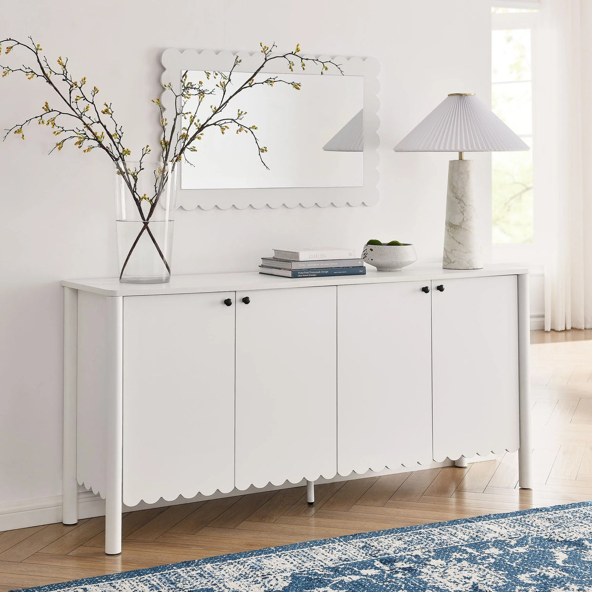 Modern Scalloped 4-Door Storage Sideboard – White 66 Inch