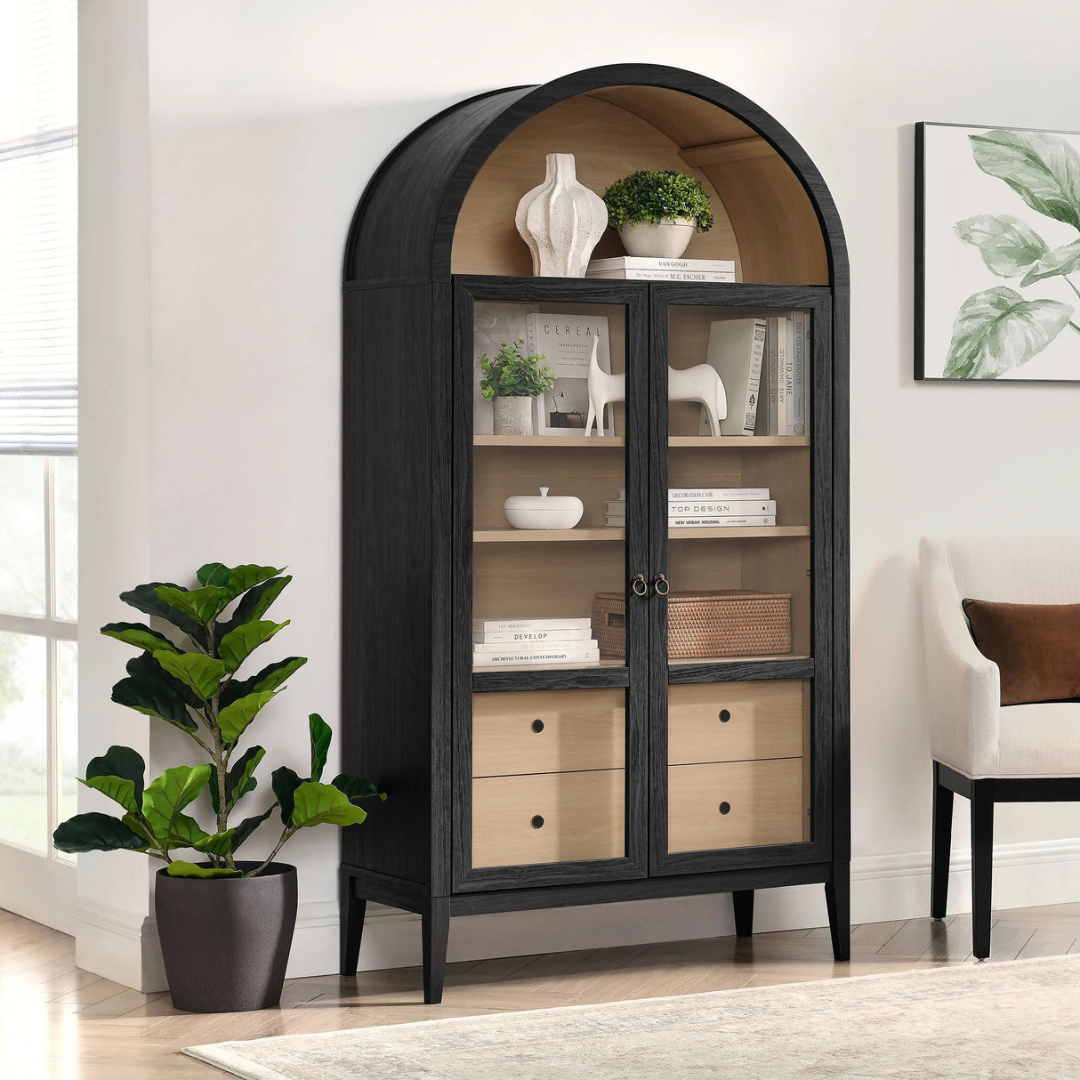 Modern Farmhouse Arched Tall Wood Storage Display Cabinet – Wood Grain 74 Inch