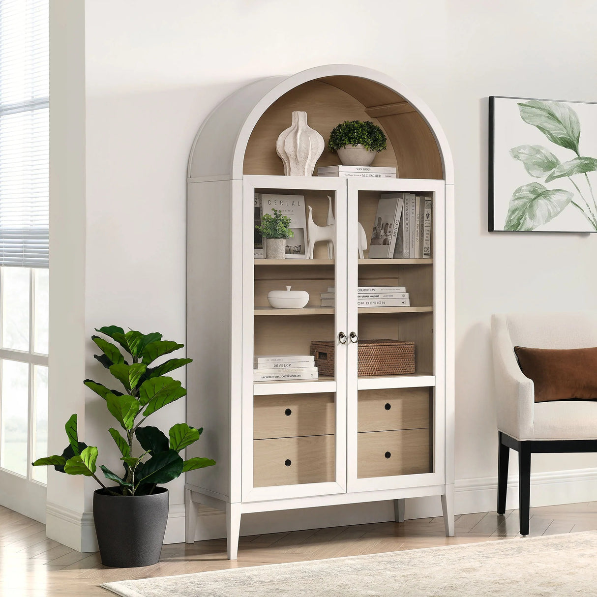 Modern Farmhouse Arched Tall Wood Storage Display Cabinet – Wood Grain 74 Inch