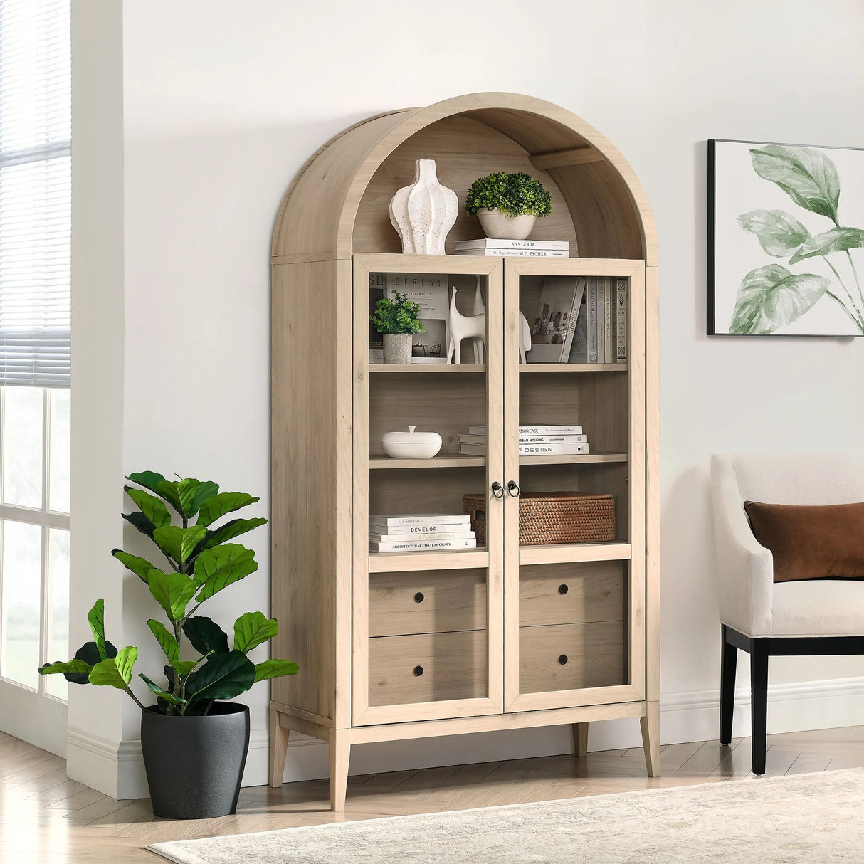 Modern Farmhouse Arched Tall Wood Storage Display Cabinet – Wood Grain 74 Inch