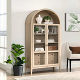 Modern Farmhouse Arched Tall Wood Storage Display Cabinet – Wood Grain 74 Inch