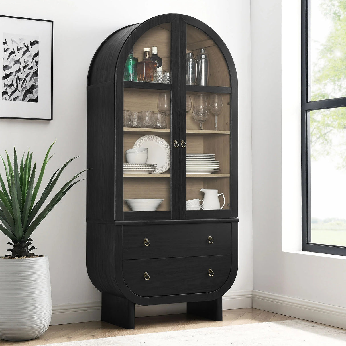 Modern Black Arched Tall Wood Storage Display Cabinet – 74 Inch