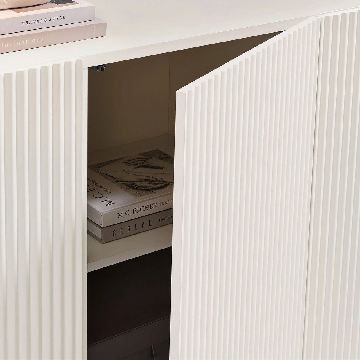 Fluted Scalloped Sideboard Storage Cabinet – Wood Finish 56 Inch