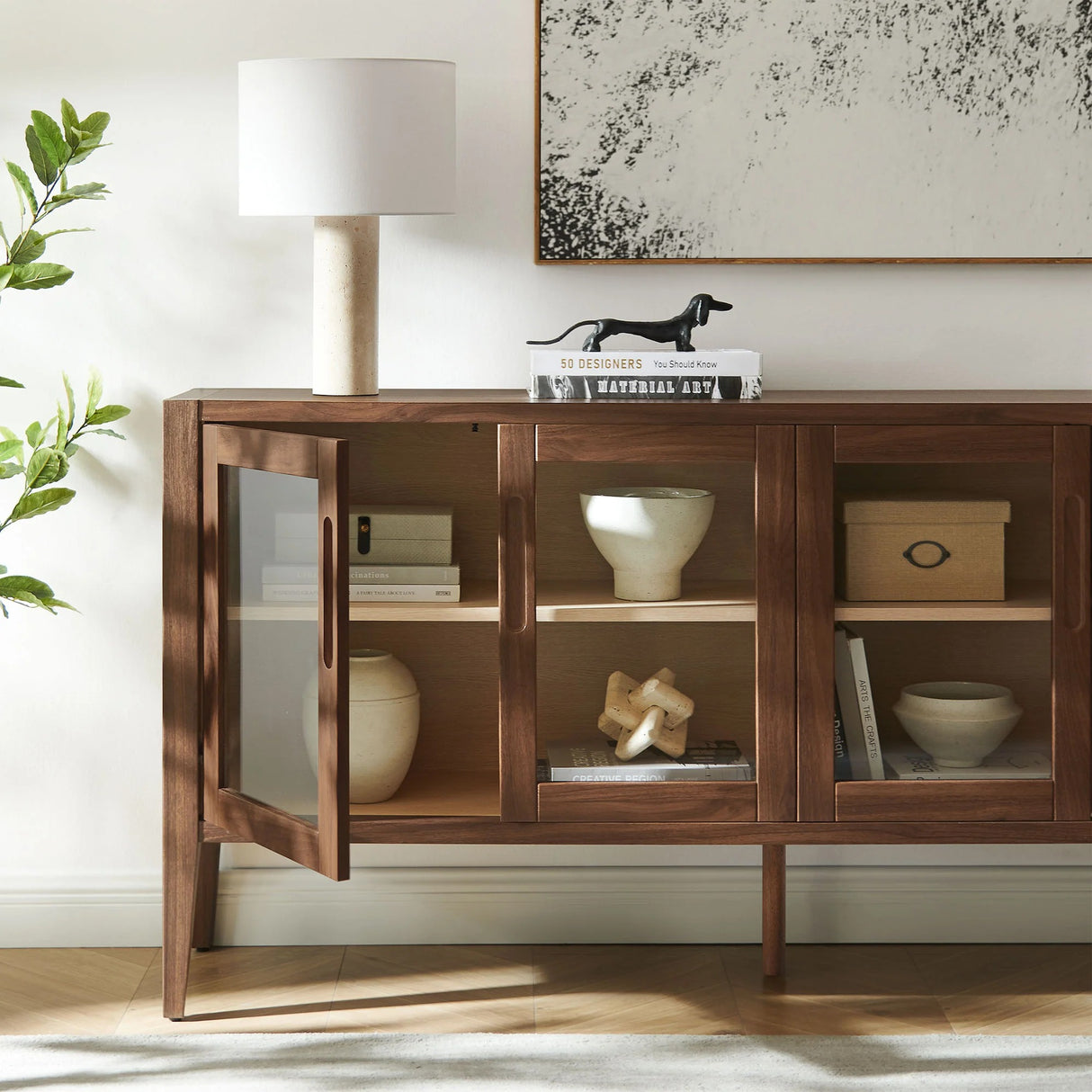 Mid-Century Modern 4-Door Glass Sideboard Storage Cabinet – Walnut 72 Inch