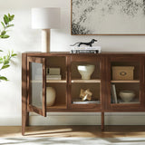 Mid-Century Modern 4-Door Glass Sideboard Storage Cabinet – Walnut 72 Inch