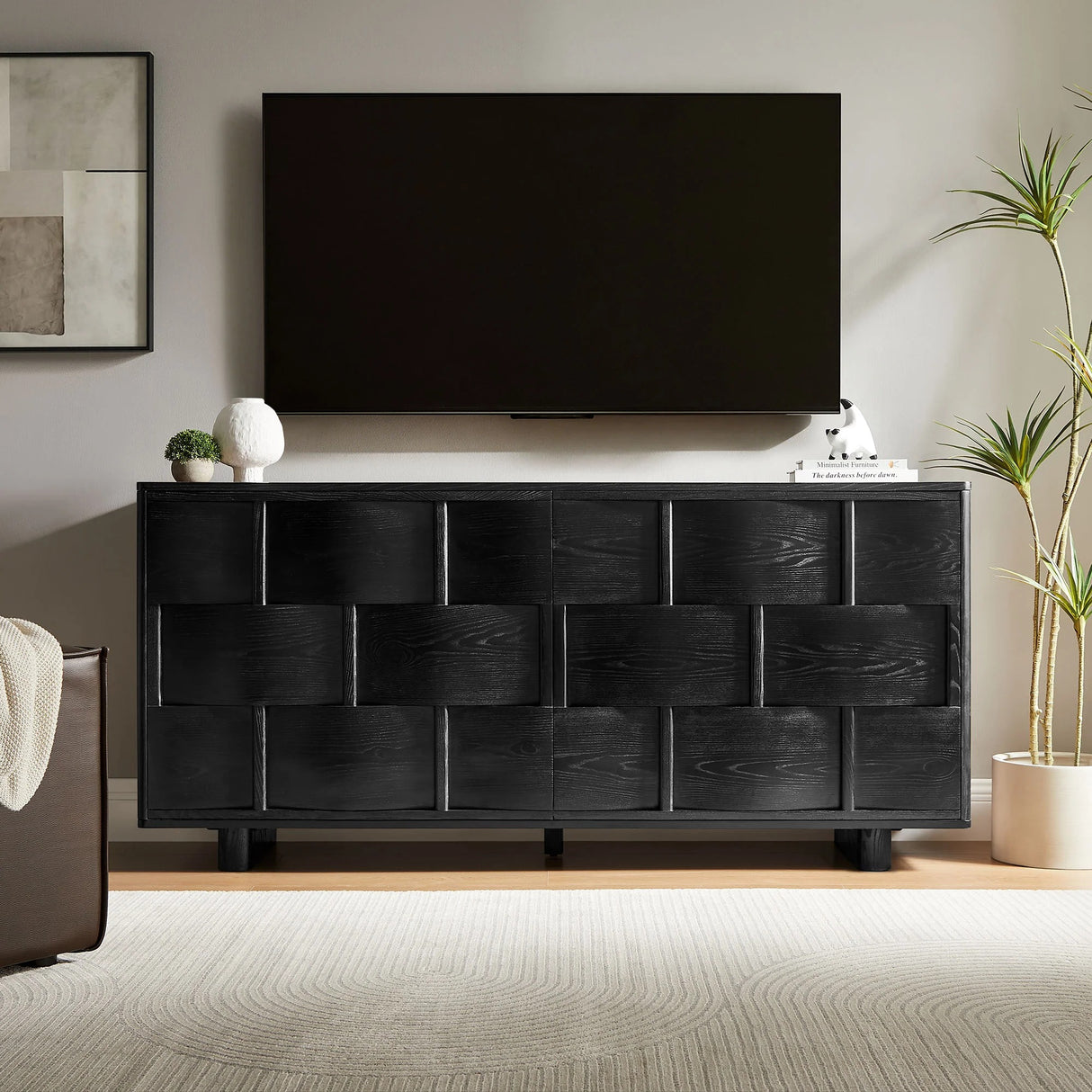 Woven Pattern Sideboard Storage Cabinet – Wood Finish 71 Inch