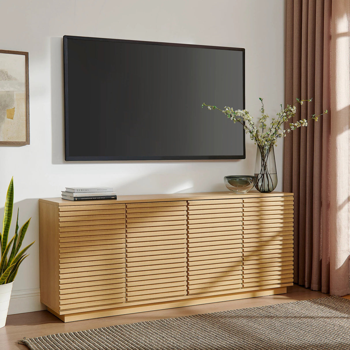 Mid-Century Fluted 4-Door Sideboard Cabinet – Wood Grain 71 Inch