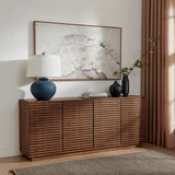 Mid-Century Fluted 4-Door Sideboard Cabinet – Wood Grain 71 Inch