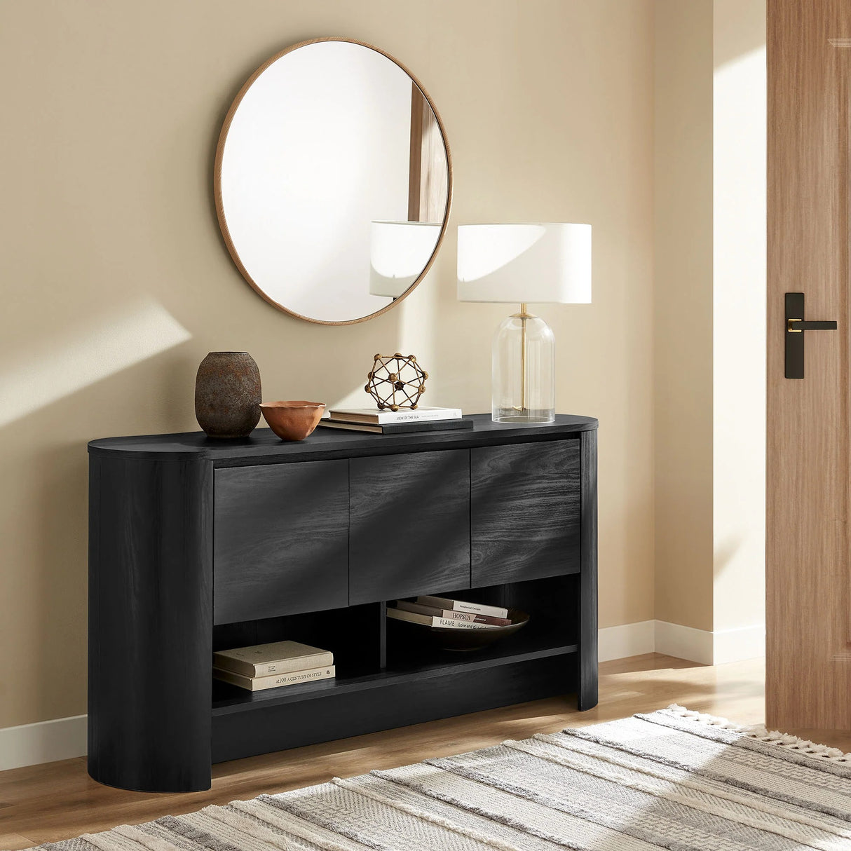 Oval Storage Sideboard Cabinet with Open Shelves – Wood Finish 62 Inch