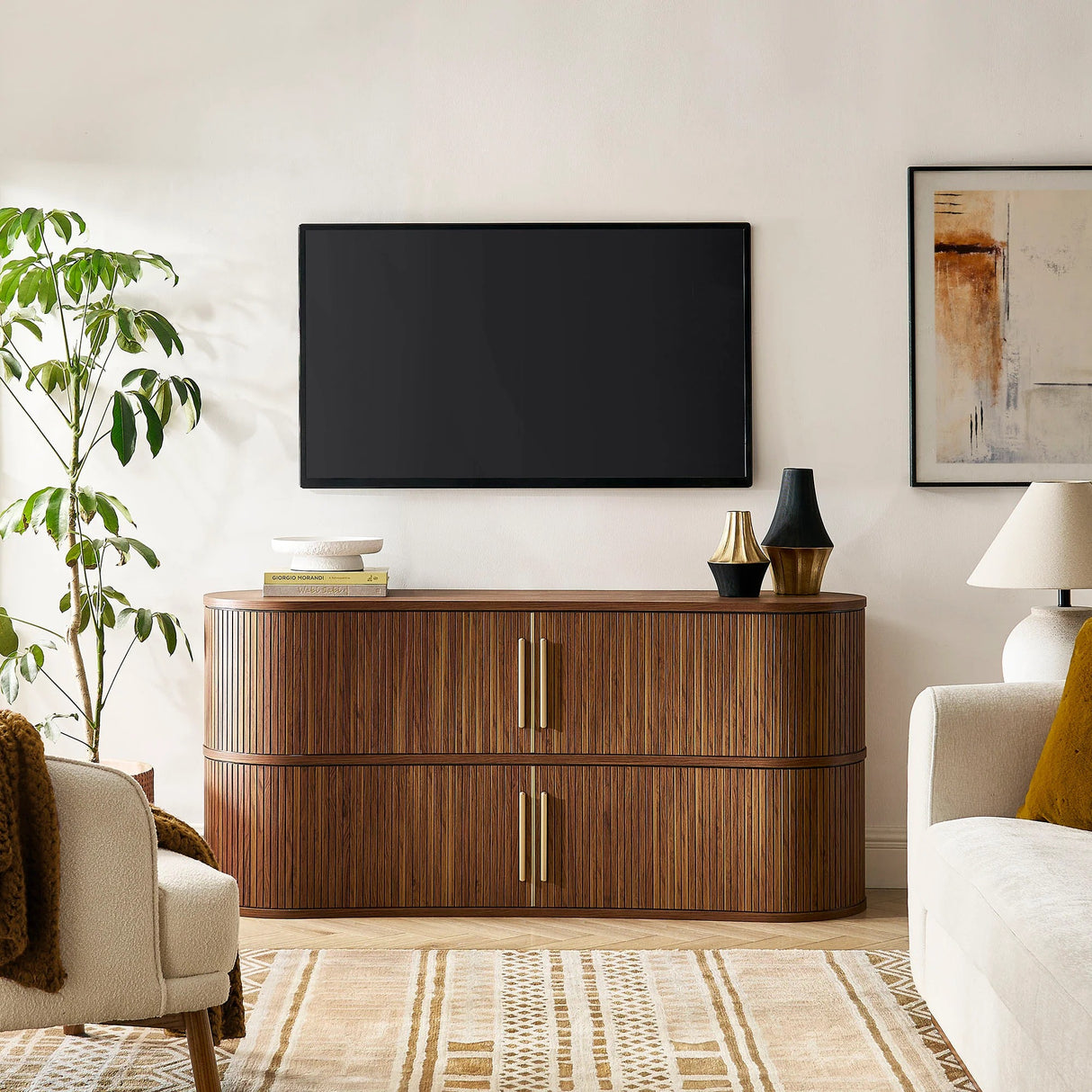 Curved Fluted Sideboard Storage Cabinet with Sliding Doors – Wood Finish 63 Inch