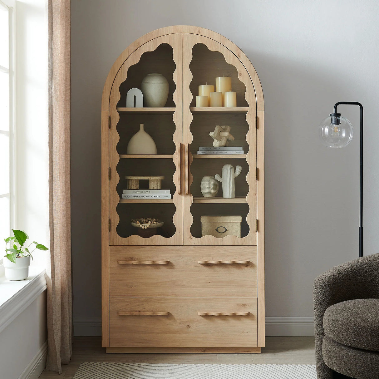 76 Inch Arched Scalloped Glass Door Kitchen Pantry Cabinet – Wood Grain