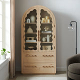 76 Inch Arched Scalloped Glass Door Kitchen Pantry Cabinet – Wood Grain