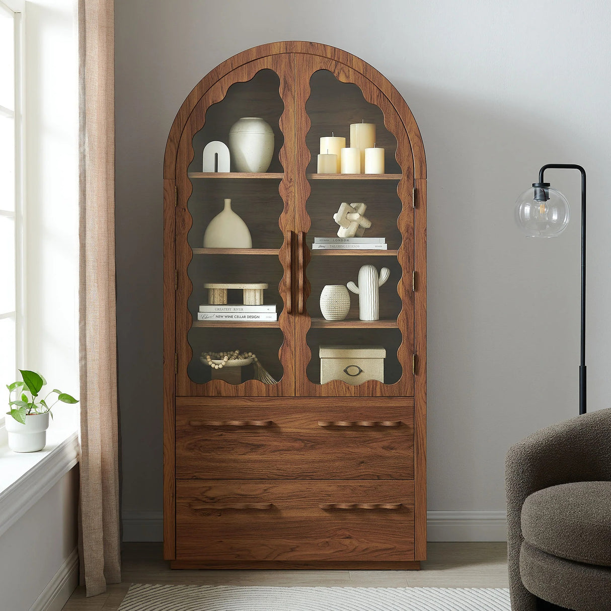 76 Inch Arched Scalloped Glass Door Kitchen Pantry Cabinet – Wood Grain