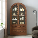 76 Inch Arched Scalloped Glass Door Kitchen Pantry Cabinet – Wood Grain