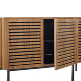 Slatted Wood Sideboard Storage Cabinet with Metal Legs – Walnut Finish 73 Inch
