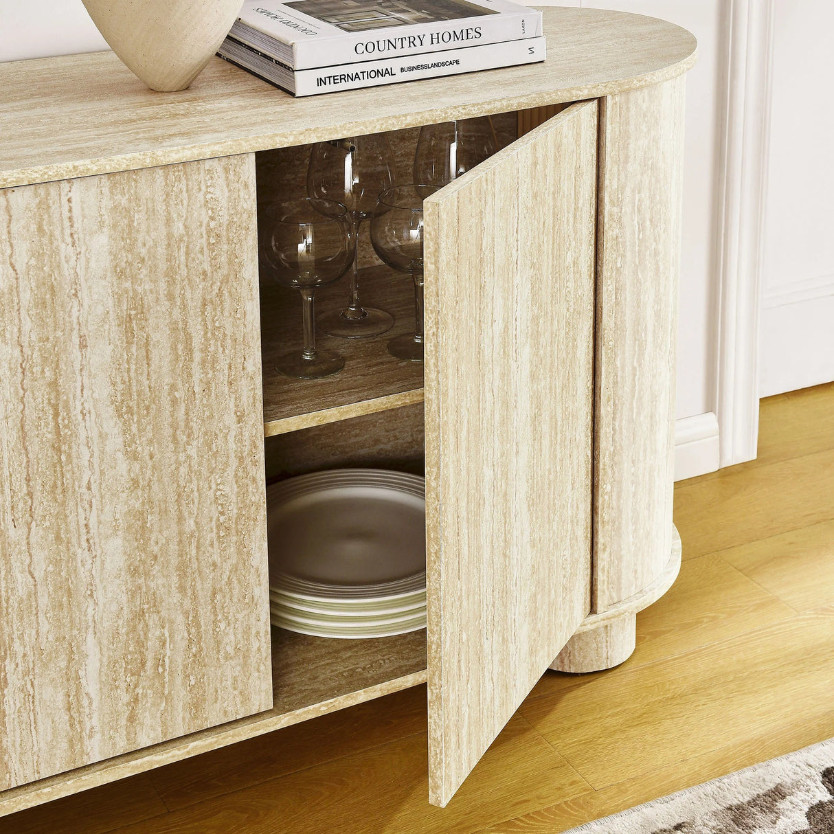 Oval Faux Travertine Sideboard Storage Cabinet – Beige Stone Finish 63 Inch