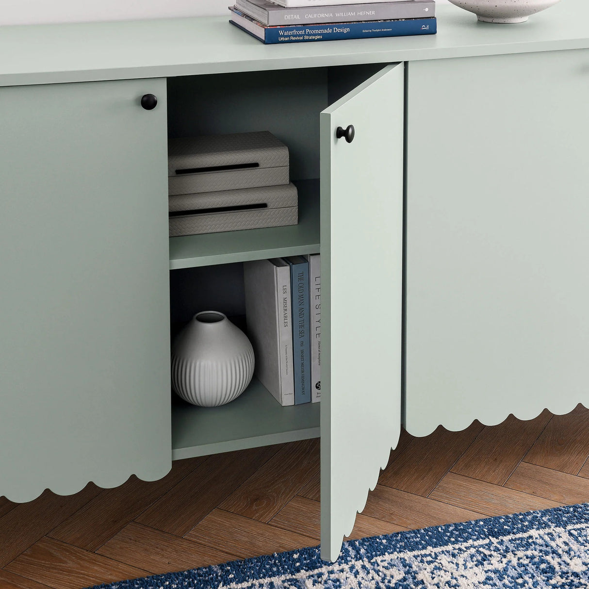Modern Scalloped 4-Door Storage Sideboard – White 66 Inch