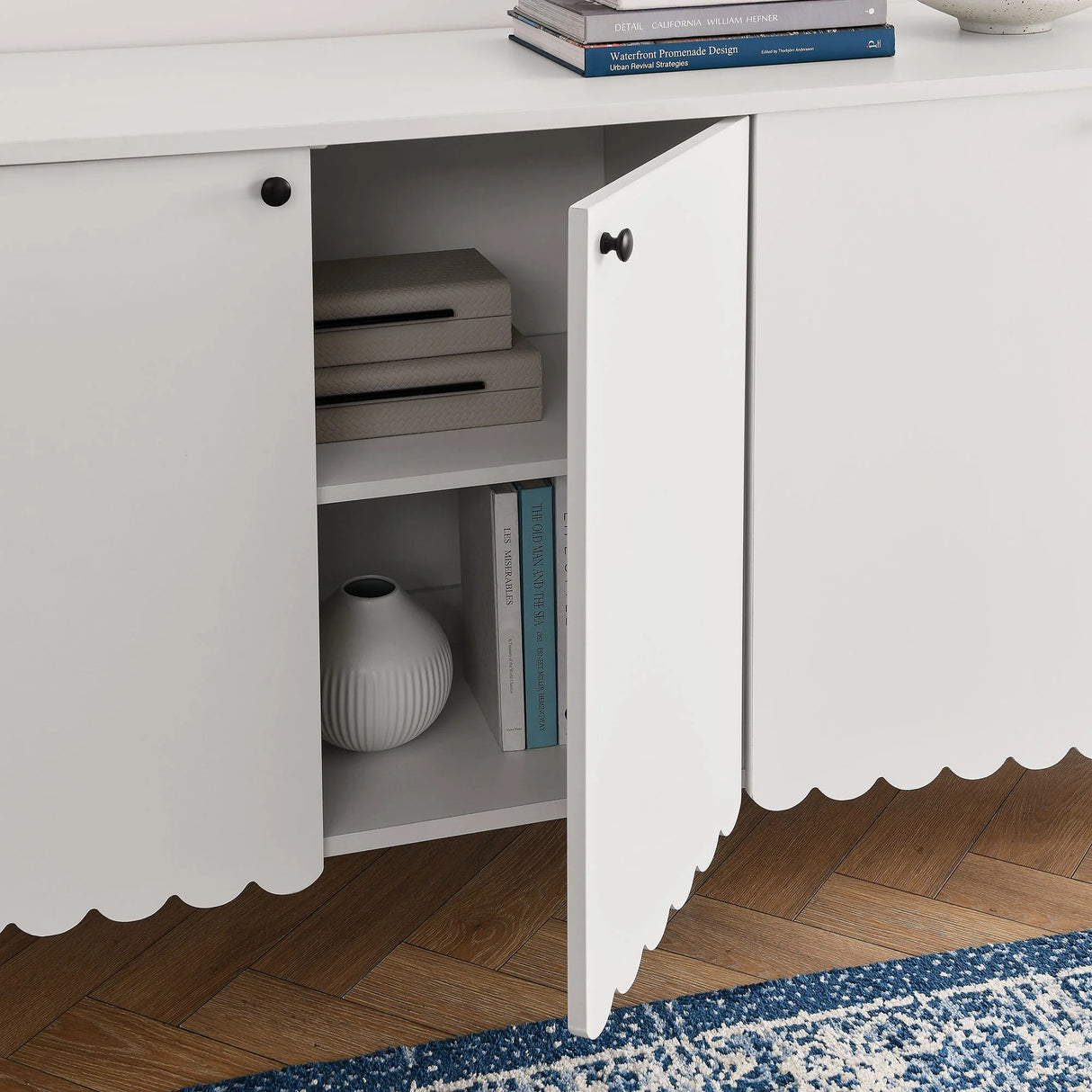 Modern Scalloped 4-Door Storage Sideboard – White 66 Inch