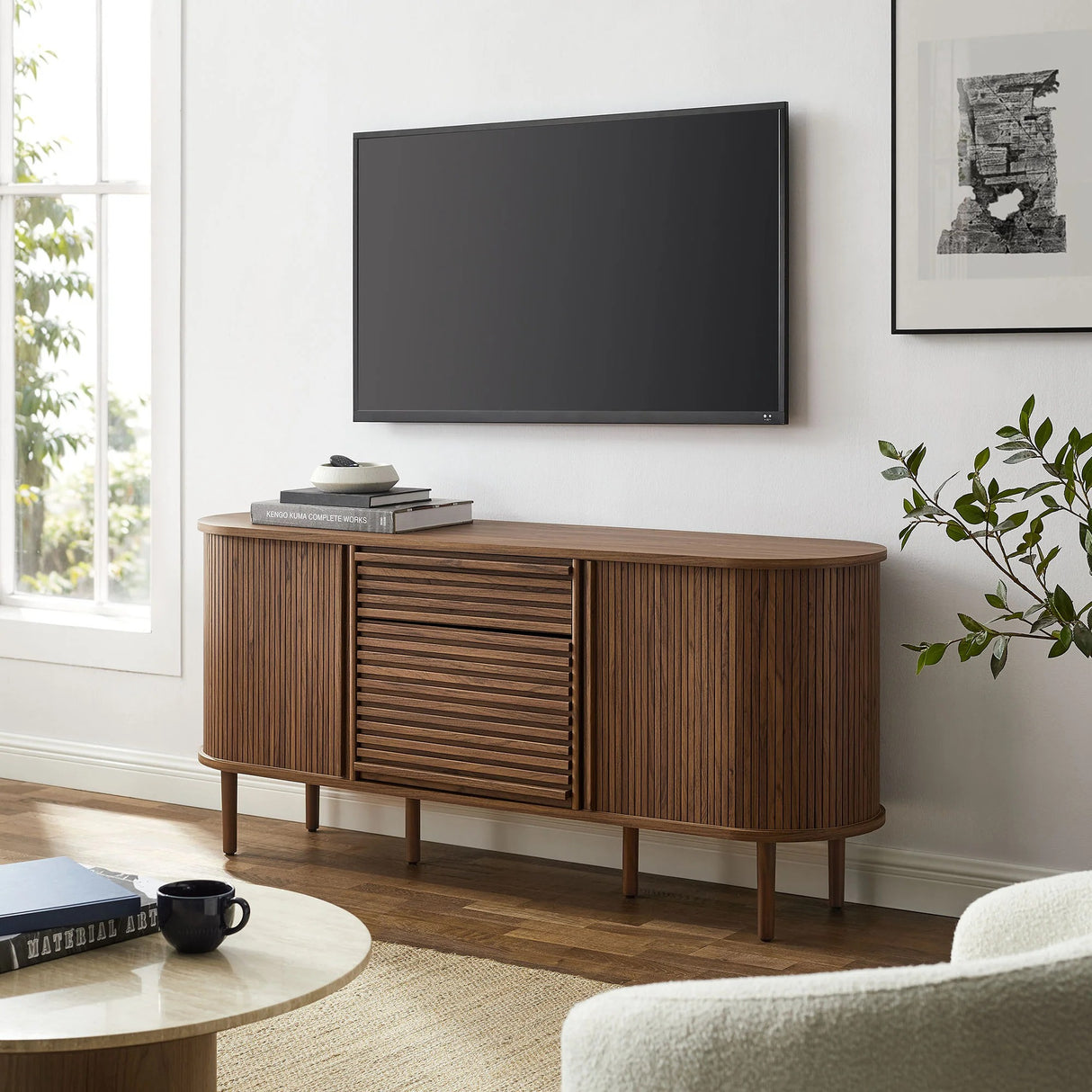 Mid-Century Fluted Oval Sideboard Cabinet – Walnut 67 Inch