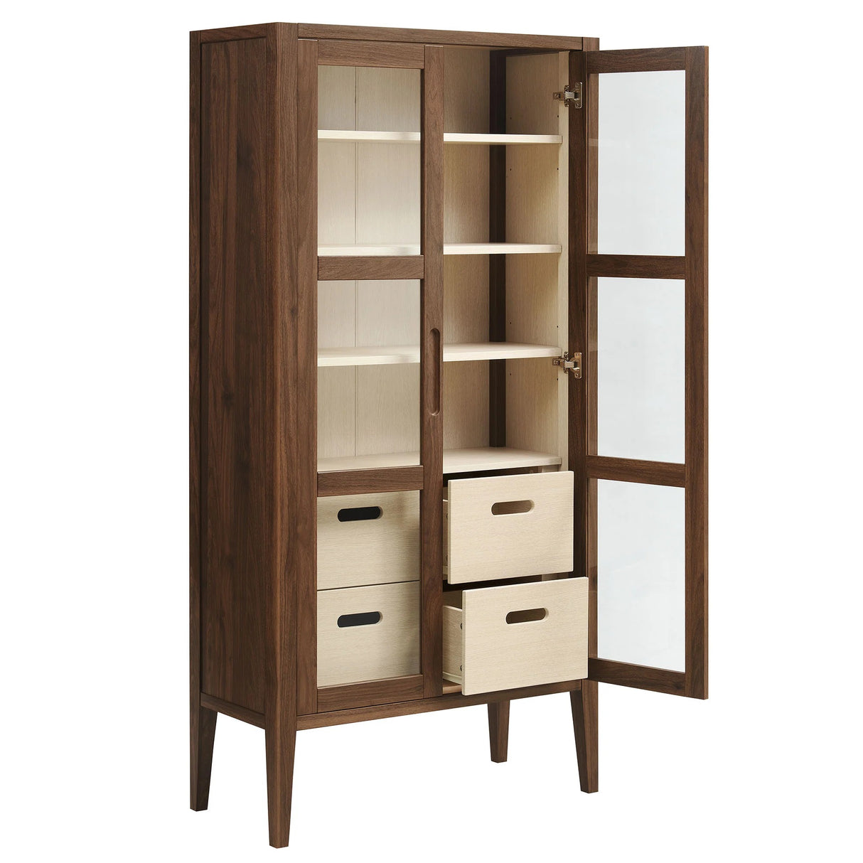 Mid-Century Modern 2-Door Glass Tall Storage Display Cabinet – Walnut 71 Inch
