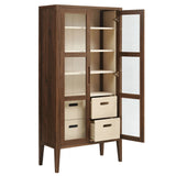 Mid-Century Modern 2-Door Glass Tall Storage Display Cabinet – Walnut 71 Inch