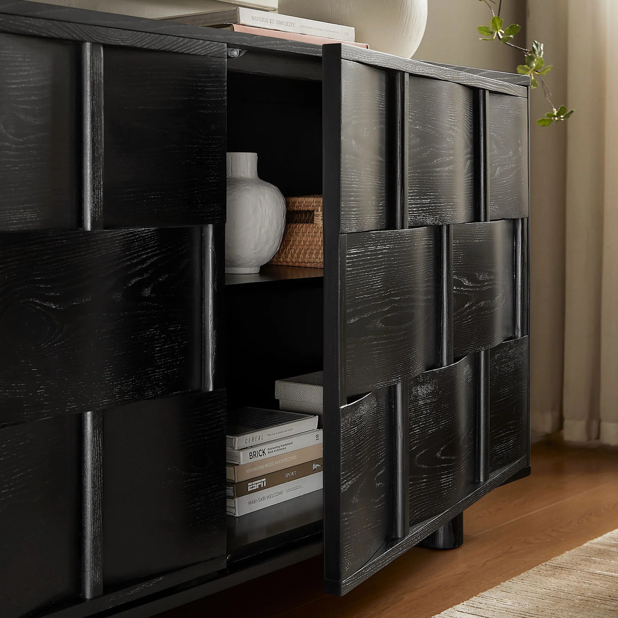 Woven Pattern Sideboard Storage Cabinet – Wood Finish 71 Inch