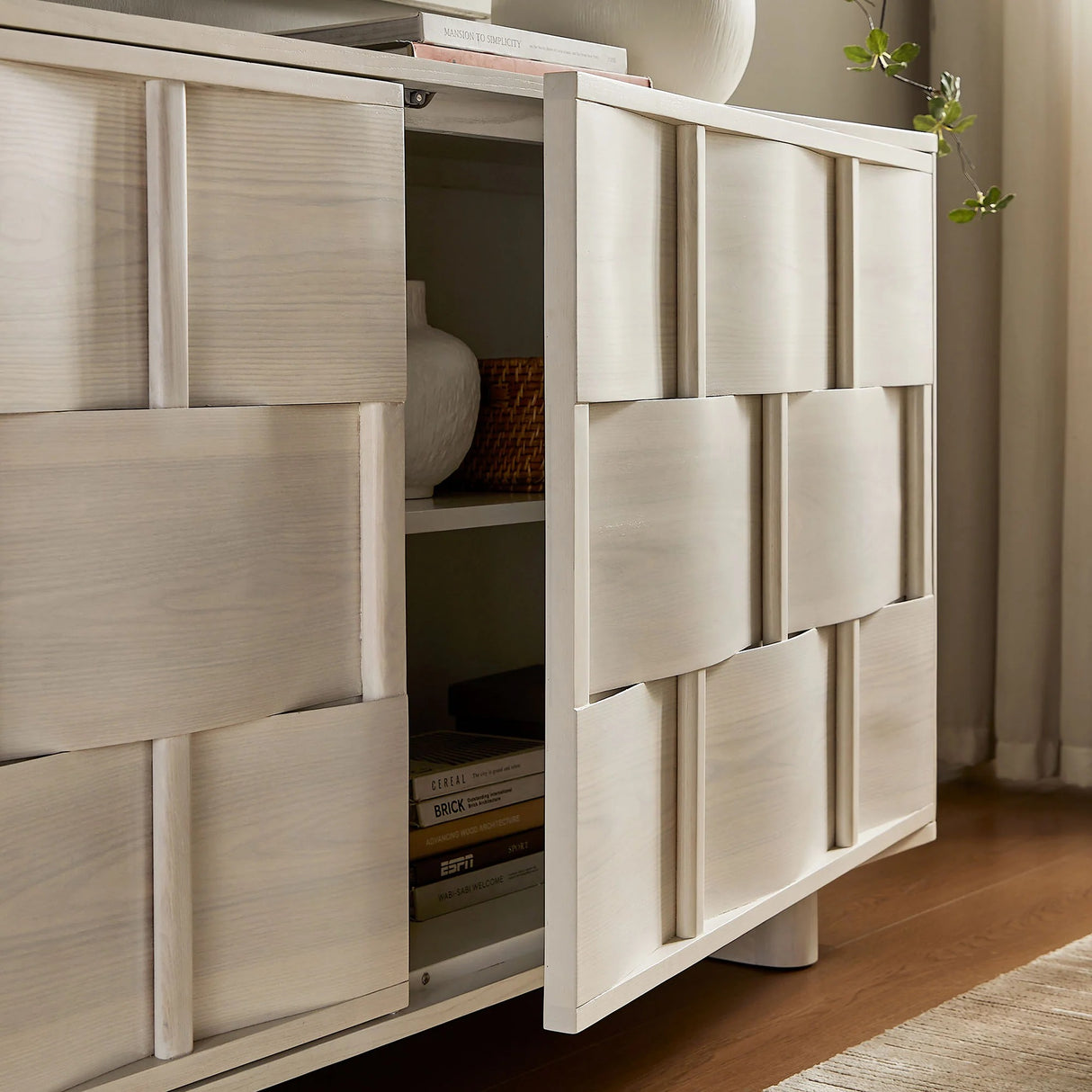 Woven Pattern Sideboard Storage Cabinet – Wood Finish 71 Inch