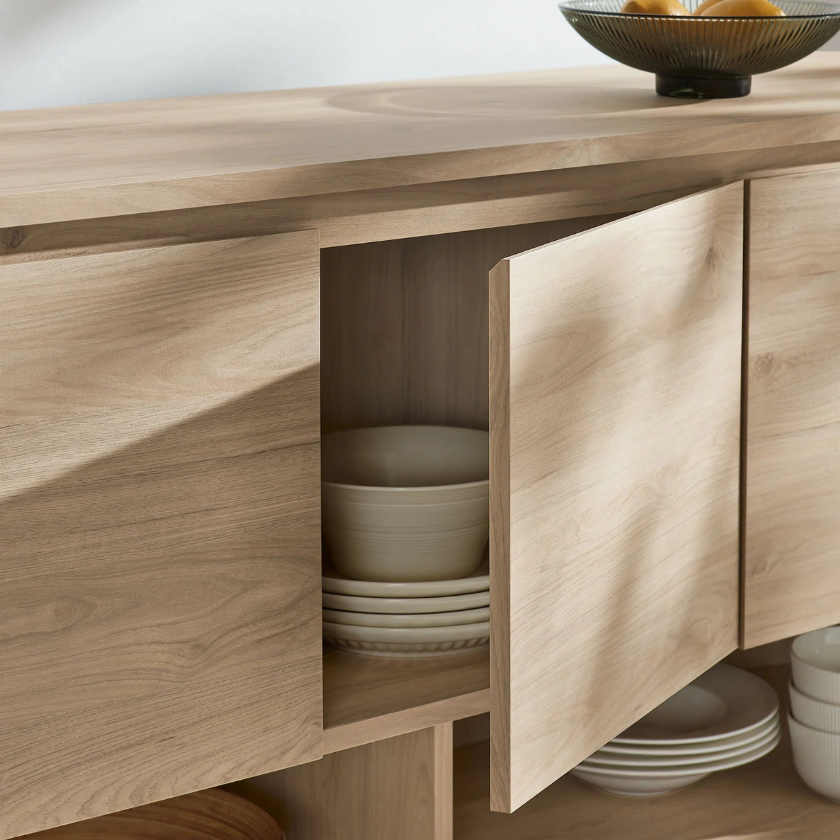 Oval Storage Sideboard Cabinet with Open Shelves – Wood Finish 62 Inch