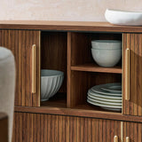 Curved Fluted Sideboard Storage Cabinet with Sliding Doors – Wood Finish 63 Inch