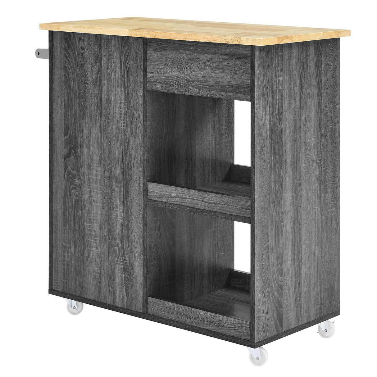 Modern Rolling Kitchen Cart with Rubberwood Top and Towel Bar – 34 Inch