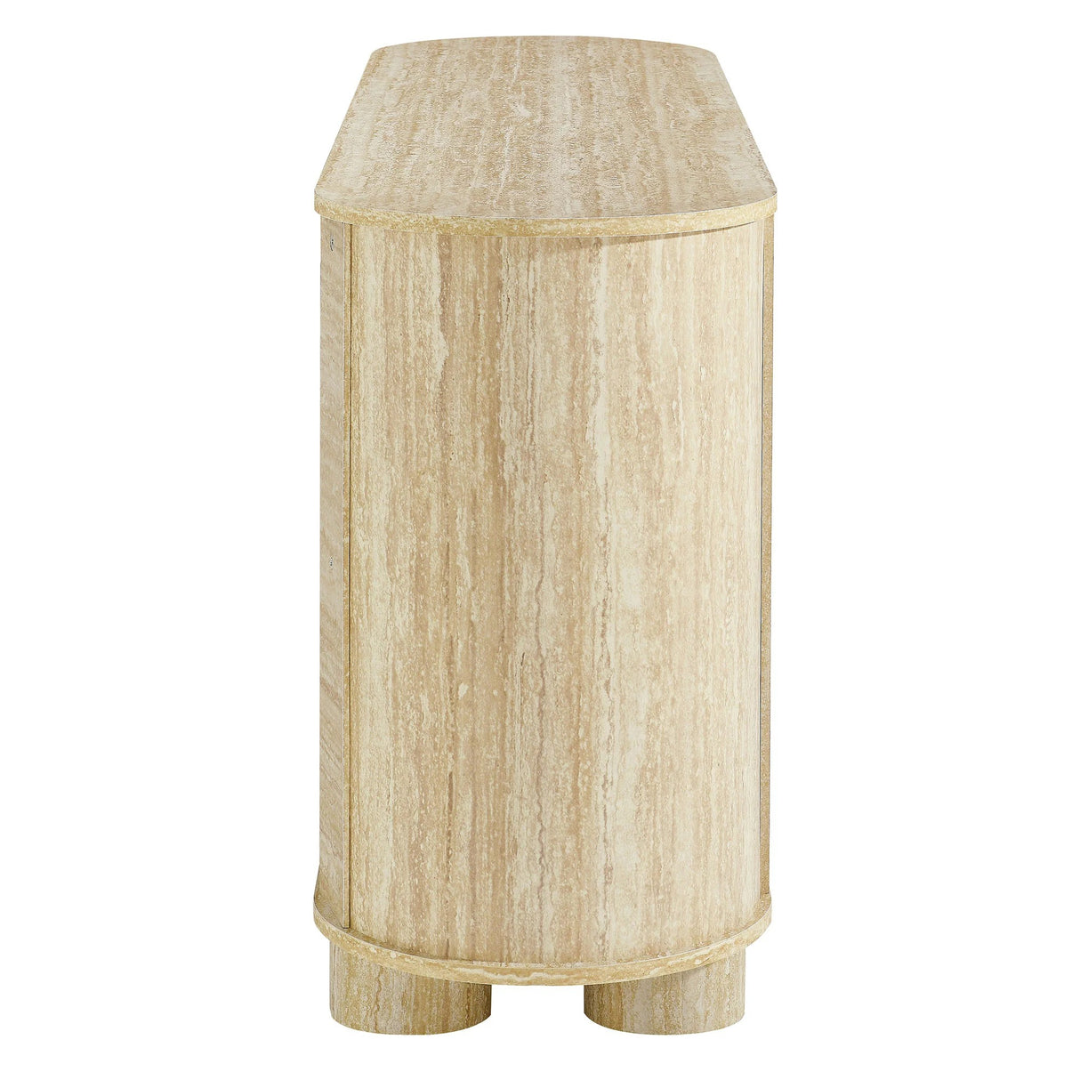 Oval Faux Travertine Sideboard Storage Cabinet – Beige Stone Finish 63 Inch