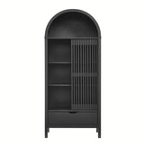 Modern Slatted Sliding Door Arched Tall Storage Cabinet – 71 Inch