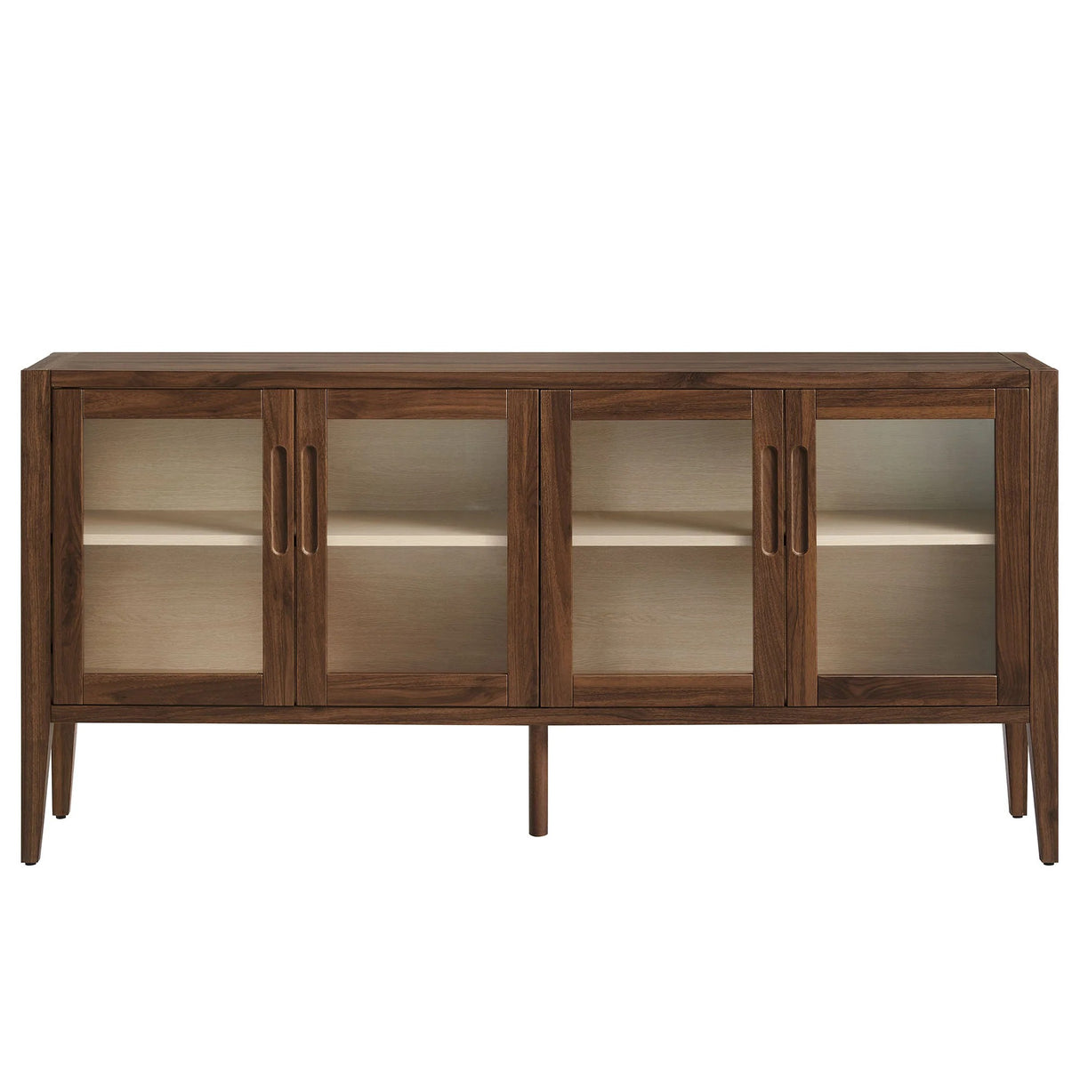 Mid-Century Modern 4-Door Glass Sideboard Storage Cabinet – Walnut 72 Inch