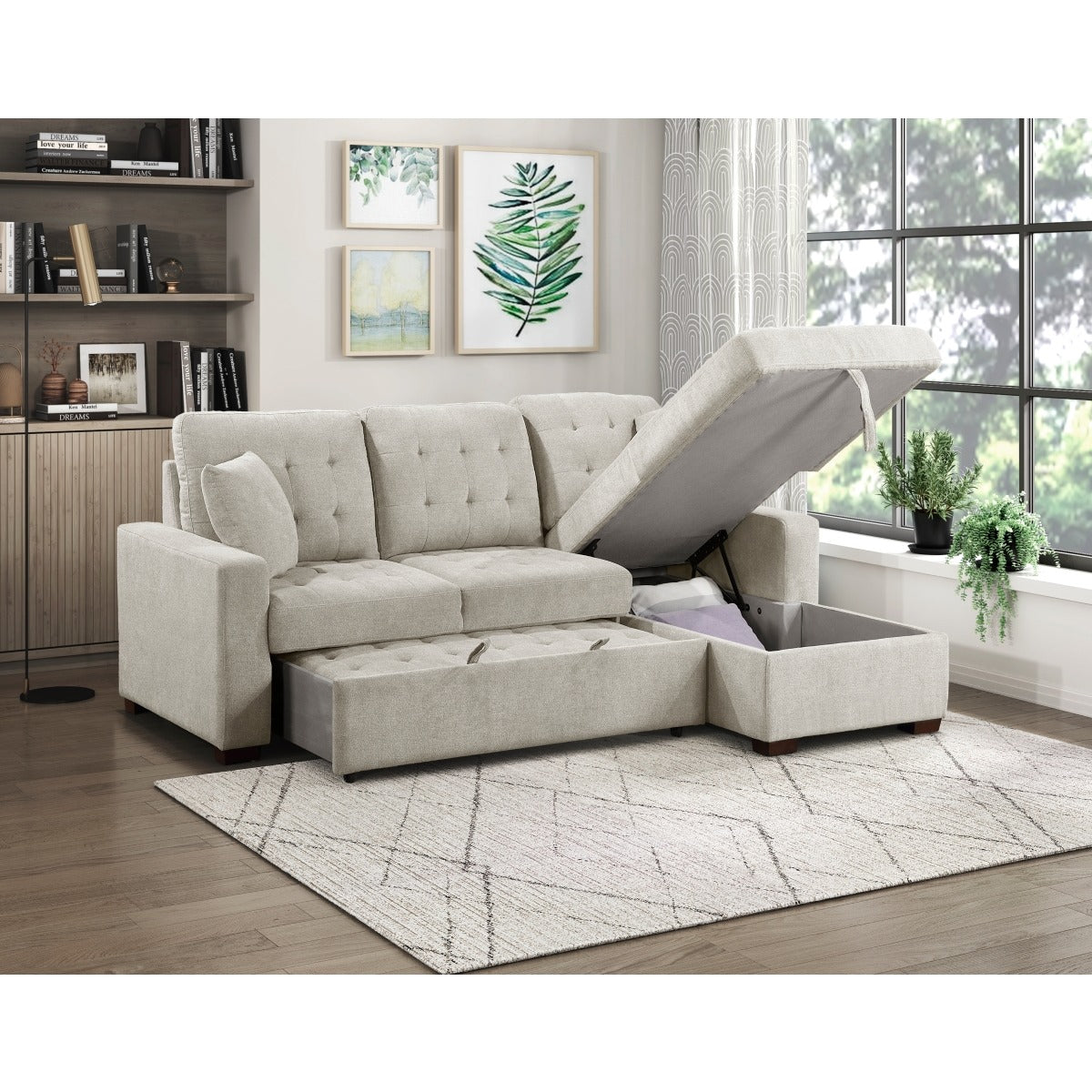 2-Piece Sectional with Right Chaise, Pull-out Bed and Hidden Storage