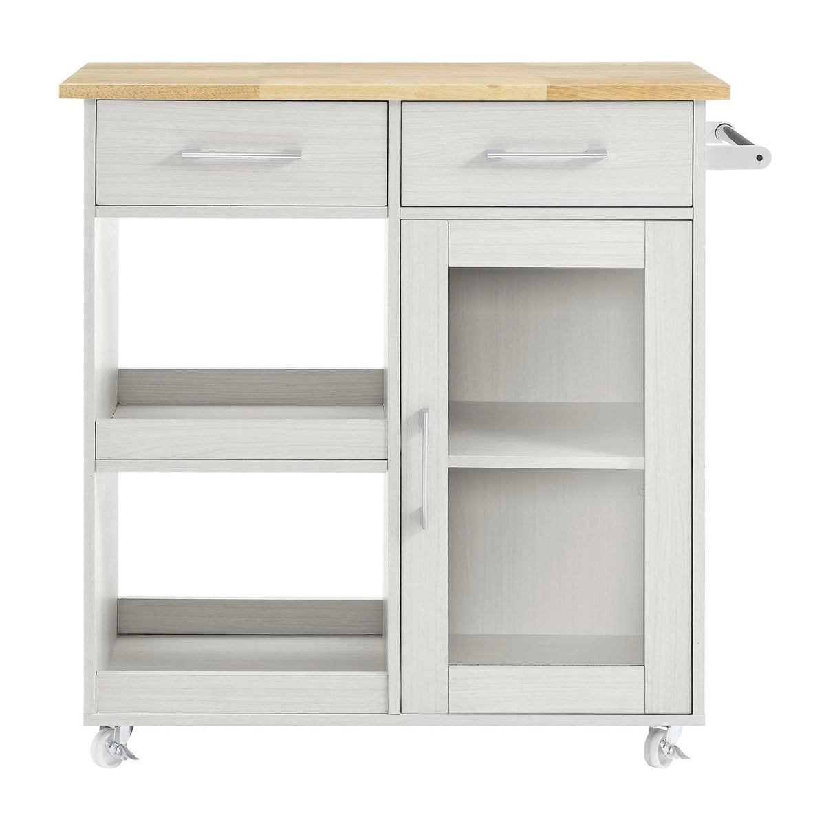 Modern Rolling Kitchen Cart with Rubberwood Top and Towel Bar – 34 Inch