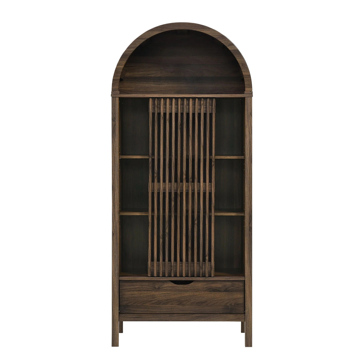 Modern Slatted Sliding Door Arched Tall Storage Cabinet – 71 Inch