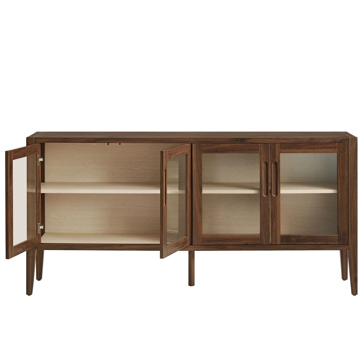 Mid-Century Modern 4-Door Glass Sideboard Storage Cabinet – Walnut 72 Inch