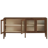 Mid-Century Modern 4-Door Glass Sideboard Storage Cabinet – Walnut 72 Inch