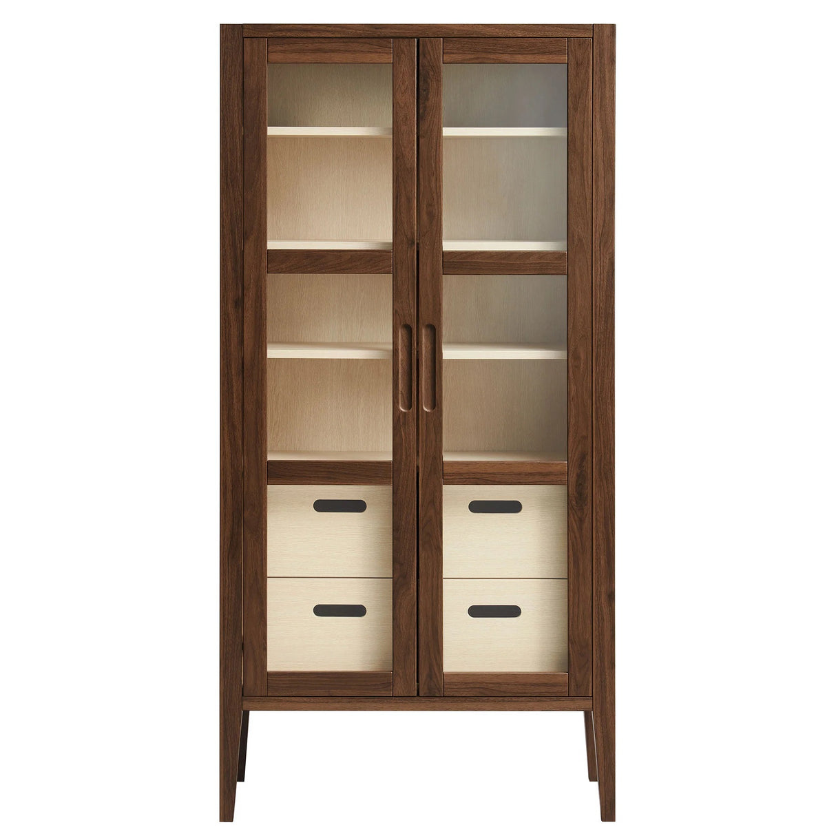 Mid-Century Modern 2-Door Glass Tall Storage Display Cabinet – Walnut 71 Inch