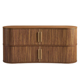 Curved Fluted Sideboard Storage Cabinet with Sliding Doors – Wood Finish 63 Inch
